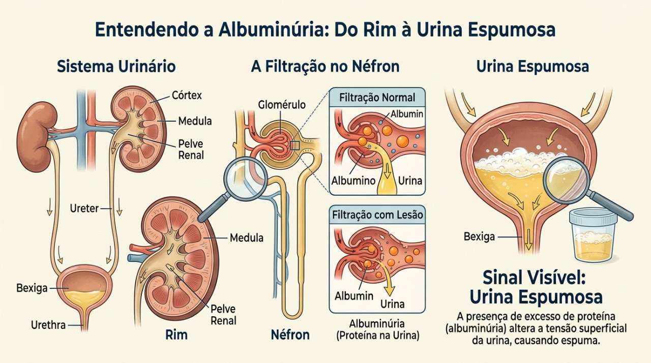 A presença de albumina na urina pode estar relacionada a alterações na função dos rins.