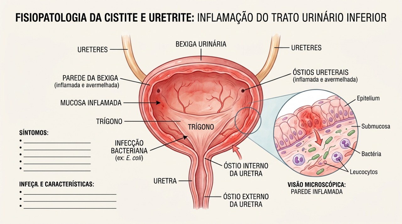 A cistite causa inflamação da bexiga e pode provocar ardência, urgência e aumento da frequência urinária.