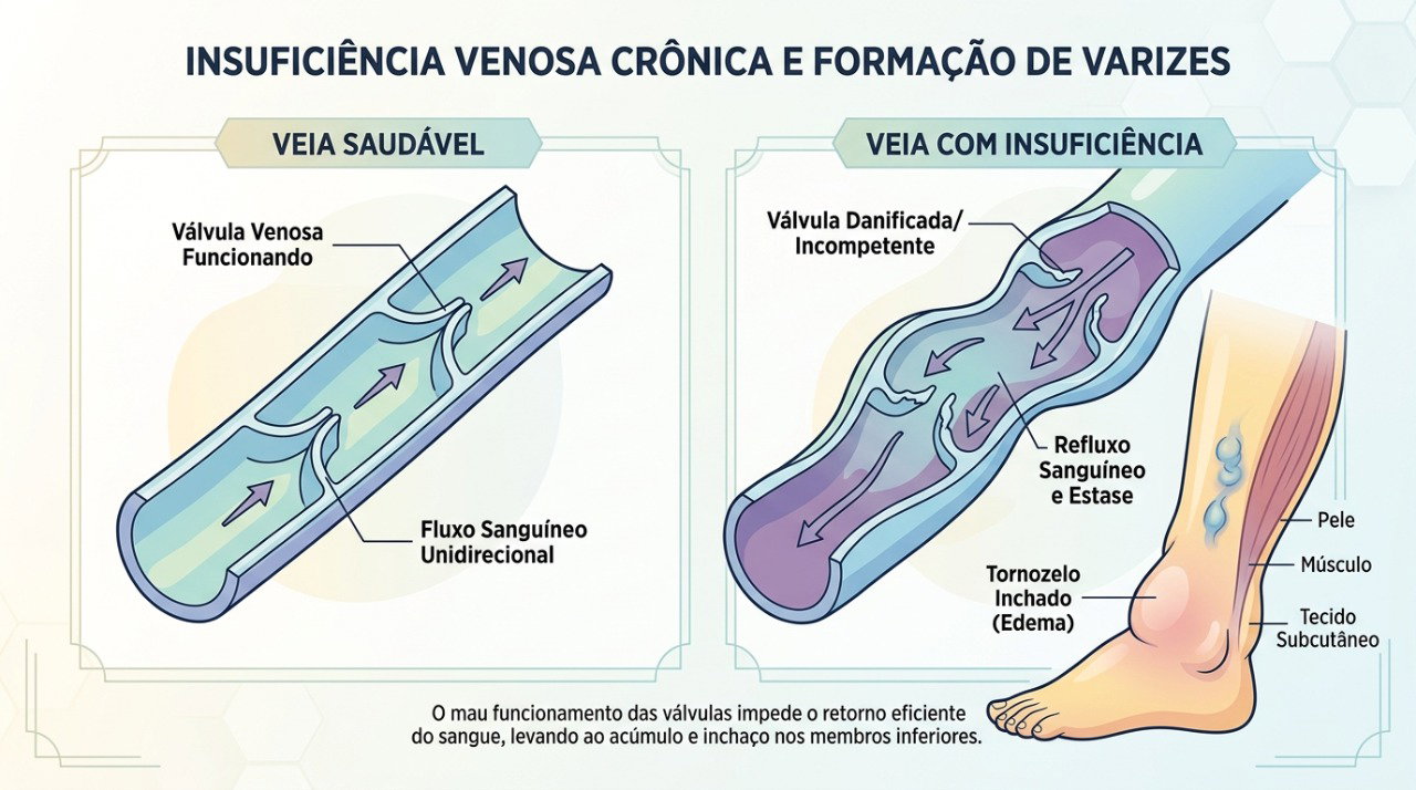Alterações nas válvulas das veias podem dificultar o retorno do sangue e favorecer inchaço nas pernas.