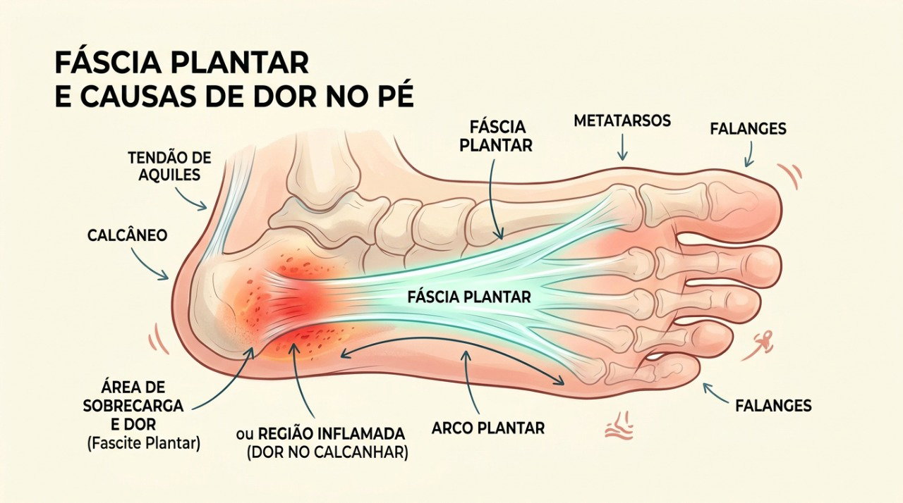 A fascite plantar envolve sobrecarga da faixa de tecido que sustenta o arco do pé.