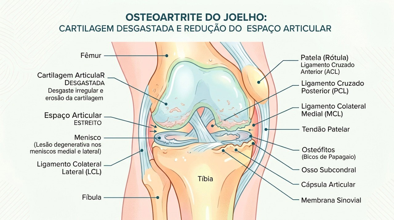Na osteoartrite, alterações na cartilagem podem causar dor, rigidez e dificuldade nos movimentos.