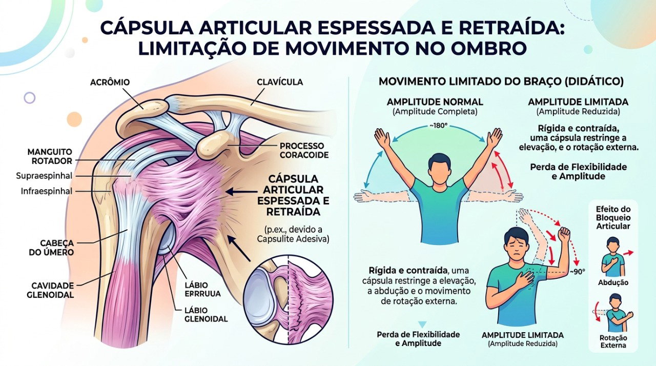 Na capsulite adesiva, a rigidez da cápsula articular reduz progressivamente os movimentos do ombro.
