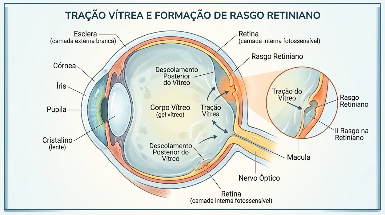A tração do vítreo pode provocar rasgos na retina e causar moscas volantes e flashes repentinos.