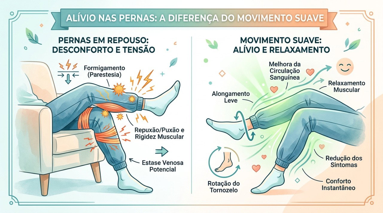 Na síndrome das pernas inquietas, o desconforto piora no repouso e costuma aliviar temporariamente com movimento.