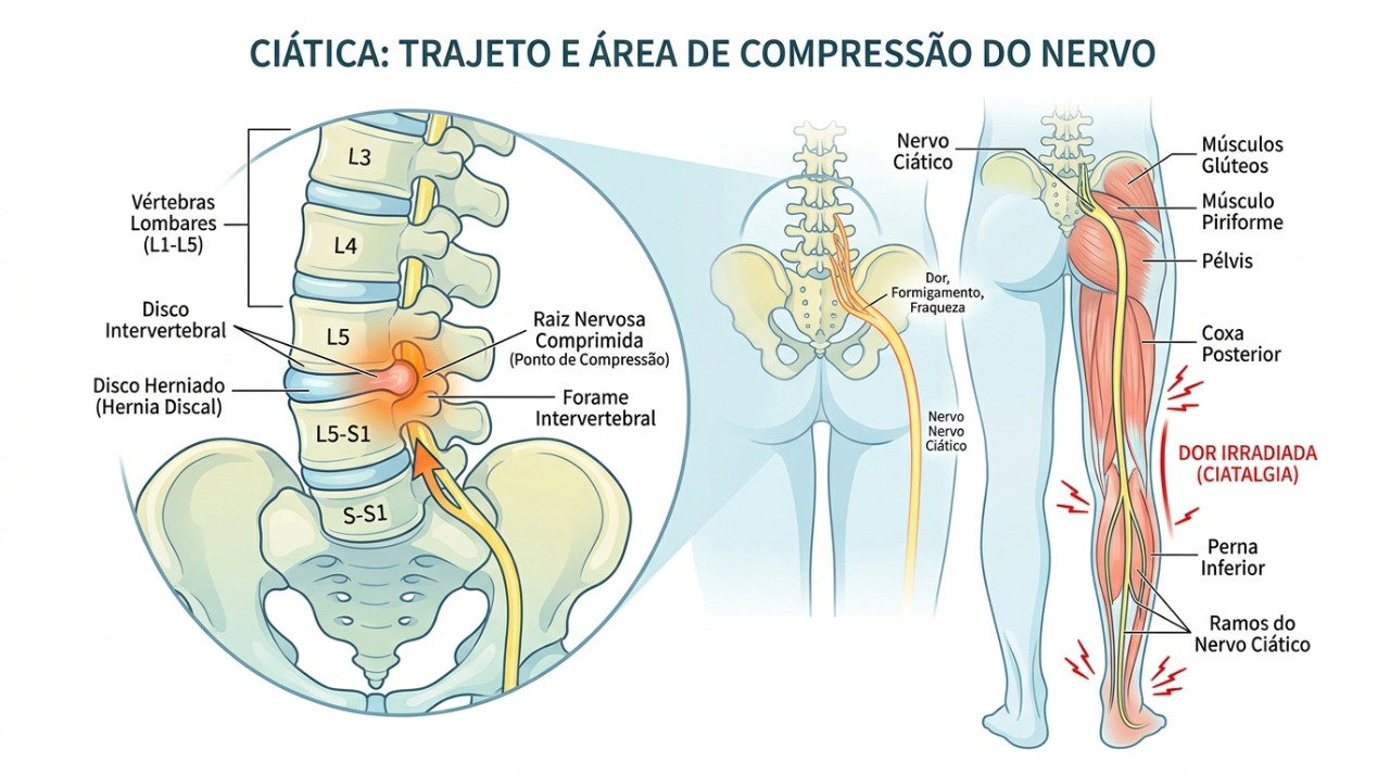 A compressão de nervos na região lombar pode causar dor, formigamento e dormência ao longo da perna.