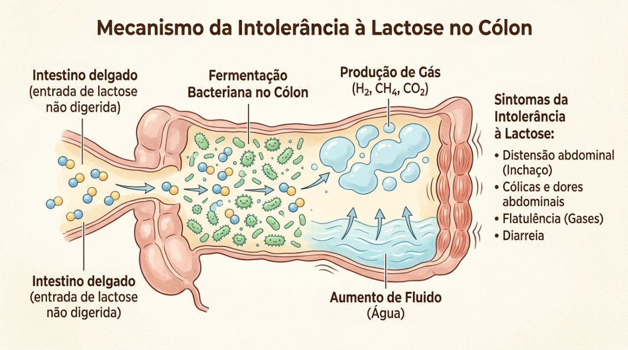 A lactose mal digerida pode fermentar no intestino e provocar gases, inchaço e diarreia.