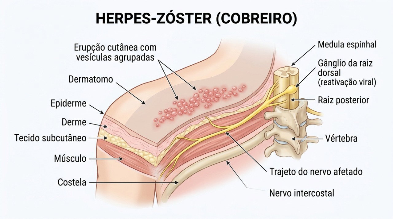 O herpes-zóster costuma provocar dor e bolhas seguindo o trajeto de um nervo em um lado do corpo.