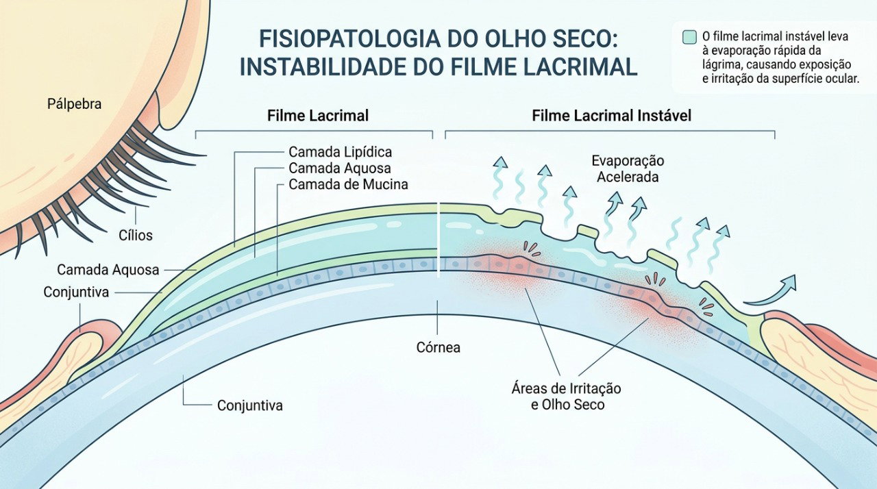 A instabilidade do filme lacrimal pode deixar a superfície ocular ressecada e irritada.