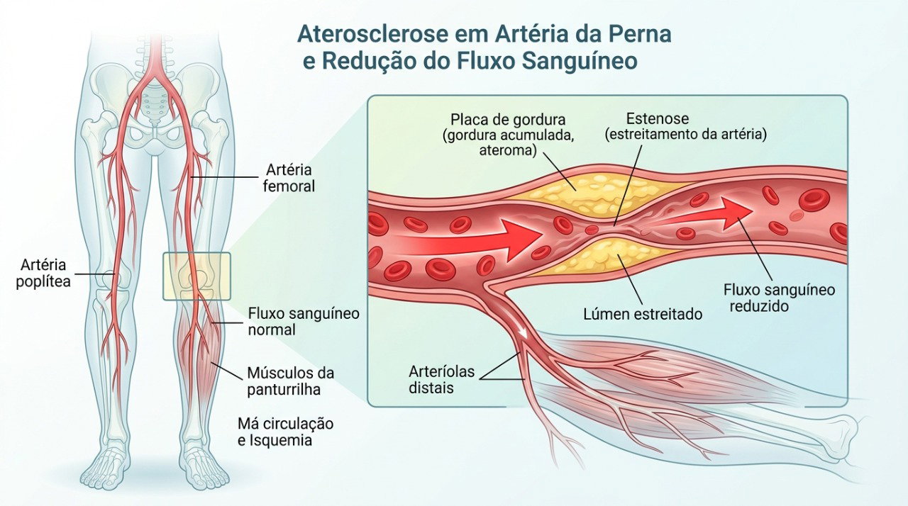 O estreitamento das artérias pode reduzir o fluxo de sangue e provocar dor na panturrilha durante a caminhada.