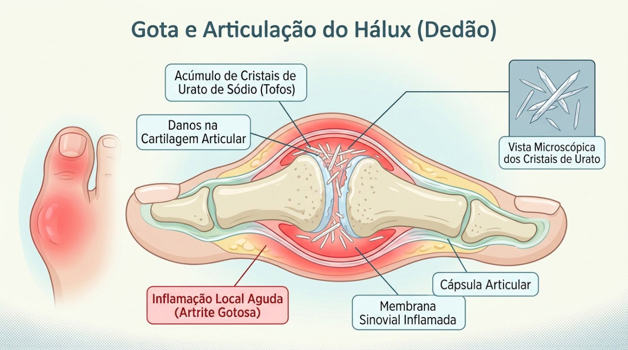 Na gota, cristais de urato podem se acumular na articulação e provocar inflamação intensa.