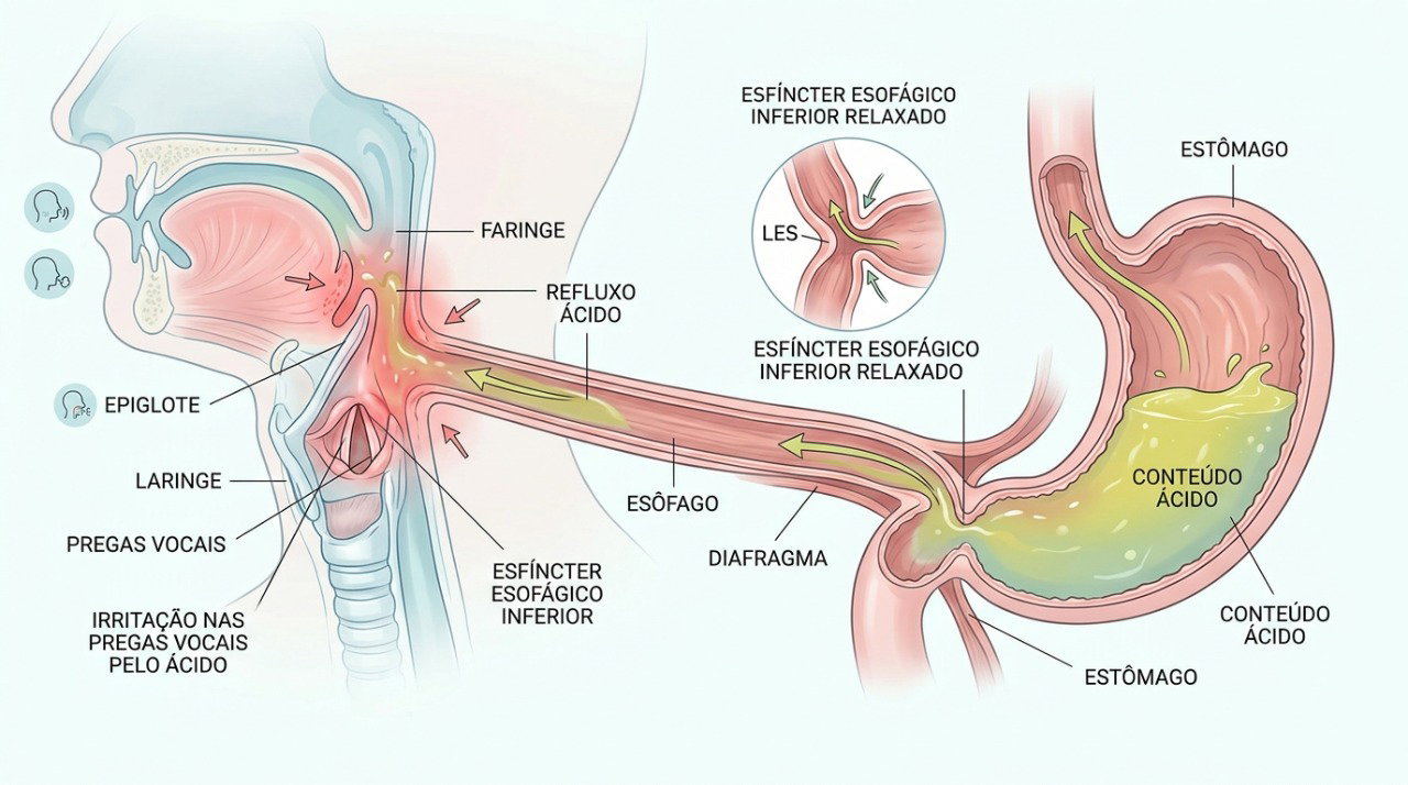O refluxo pode alcançar a garganta e contribuir para tosse, pigarro e rouquidão.