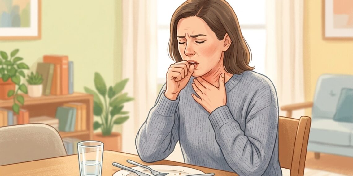 Tosse e rouquidão após comer podem estar relacionadas ao refluxo gastroesofágico.
