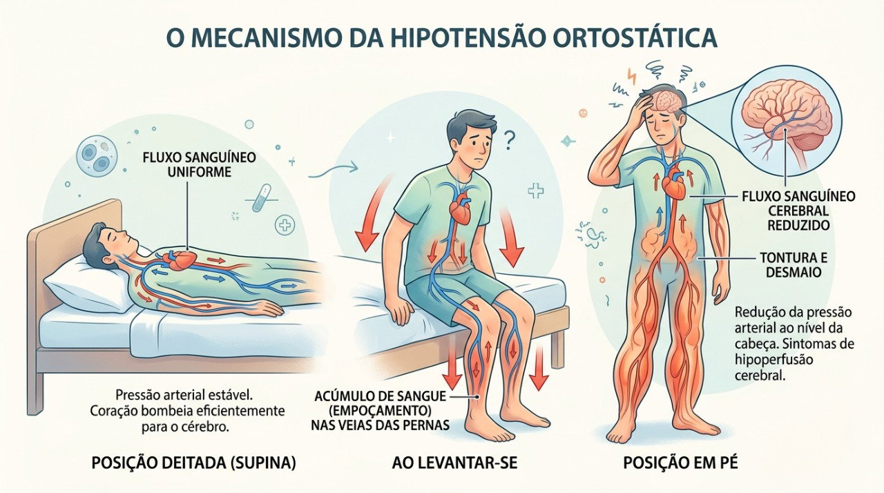 Na hipotensão postural, a mudança de posição pode reduzir temporariamente o fluxo de sangue para o cérebro.