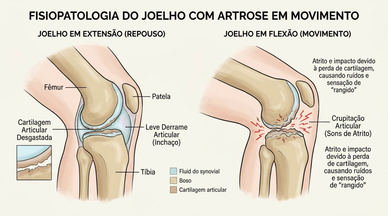 Alterações da osteoartrite podem causar dor, rigidez e estalos durante o movimento do joelho.