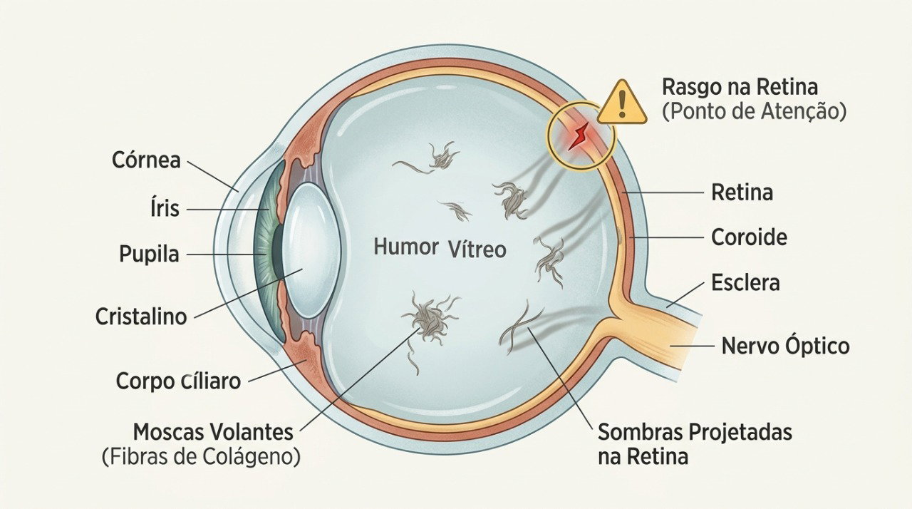 Alterações no vítreo podem formar moscas volantes, enquanto mudanças súbitas podem acompanhar lesões na retina.