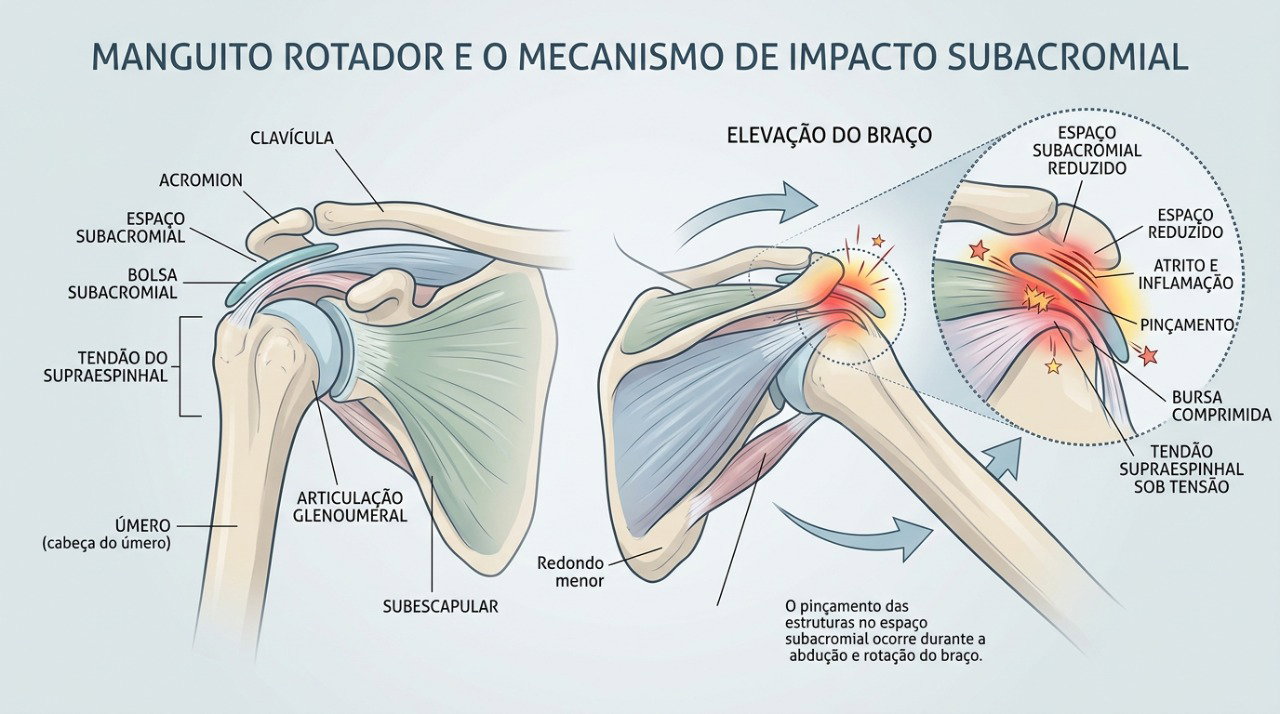 O impacto subacromial pode provocar dor quando os tendões são comprimidos durante a elevação do braço.
