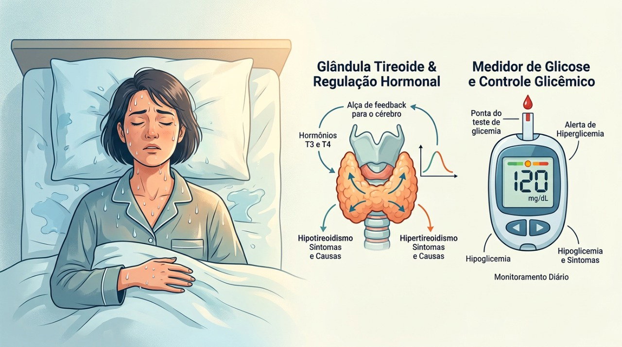 Alterações da tireoide e da glicose estão entre as possíveis causas de suor durante a noite.