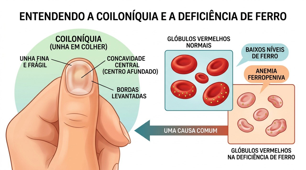 A unha em formato de colher, chamada coiloniquia, pode estar associada à deficiência de ferro.