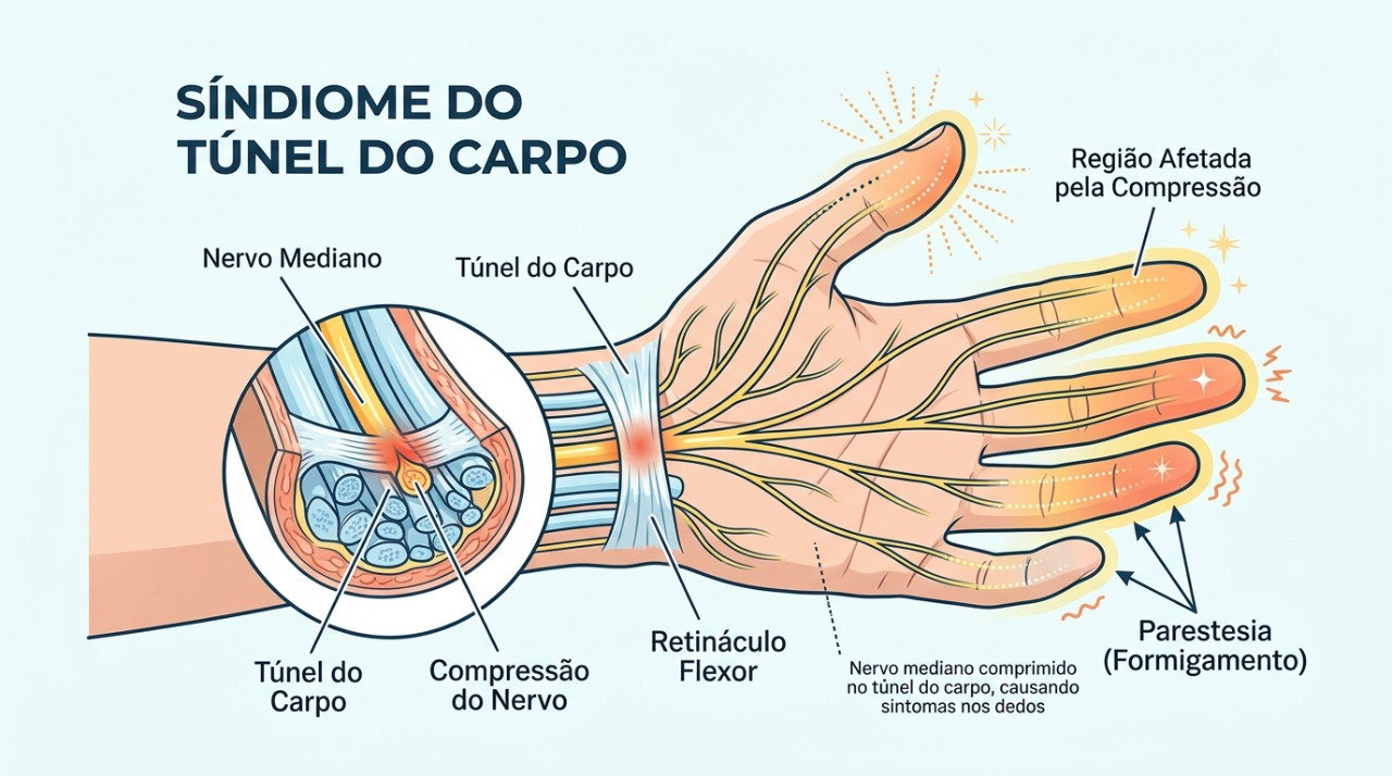 A compressão do nervo mediano no túnel do carpo pode causar dormência e formigamento, principalmente à noite.