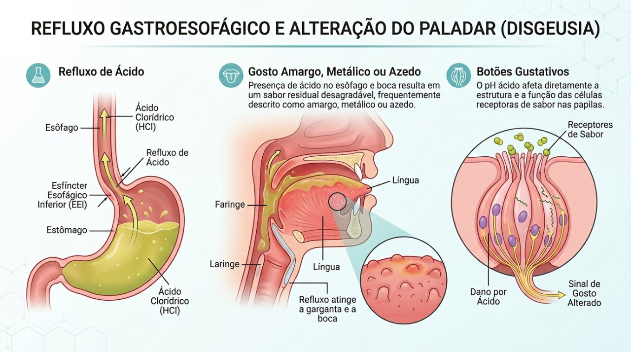 Refluxo, boca seca e alterações da saúde oral estão entre as causas possíveis de gosto metálico.