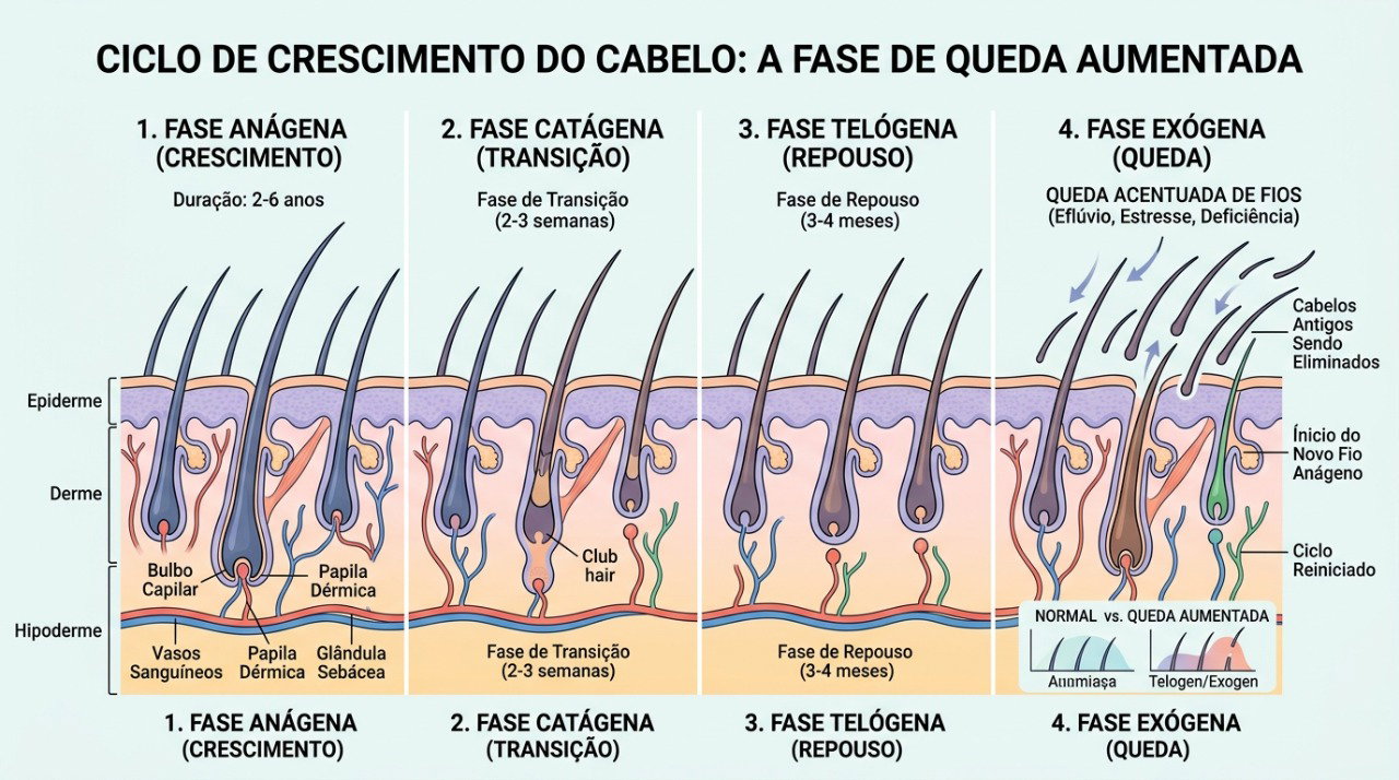 No eflúvio telógeno, mais fios entram na fase de queda após um evento desencadeante.