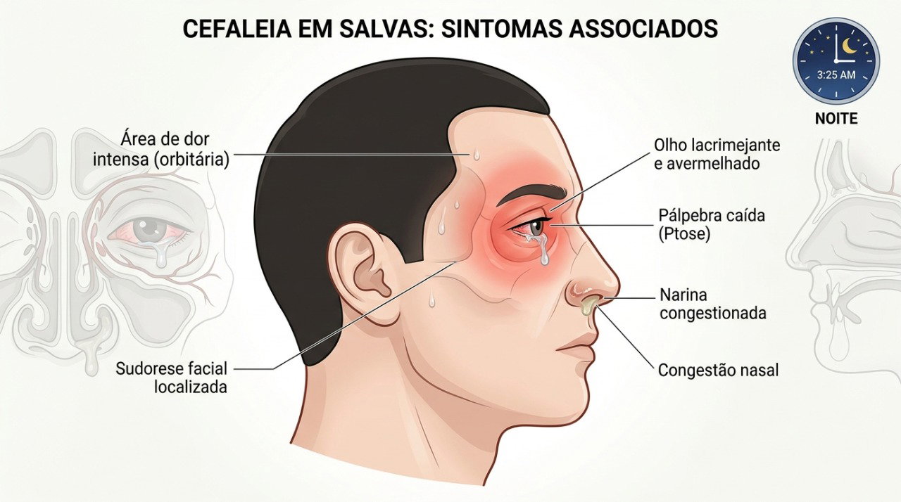 Dor ao redor do olho com lacrimejamento e congestão nasal do mesmo lado pode ocorrer na cefaleia em salvas.