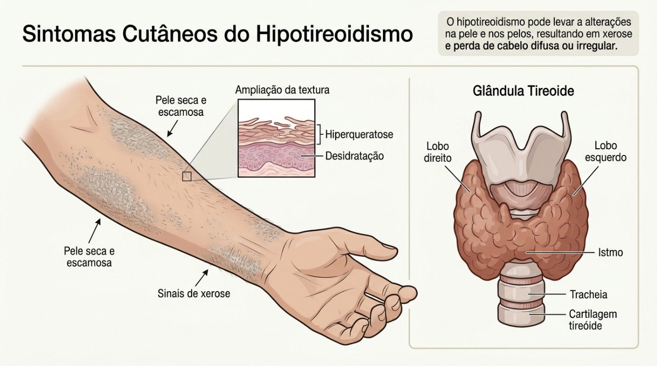Pele seca e áspera pode fazer parte do hipotireoidismo quando ocorre junto com outros sinais do organismo.