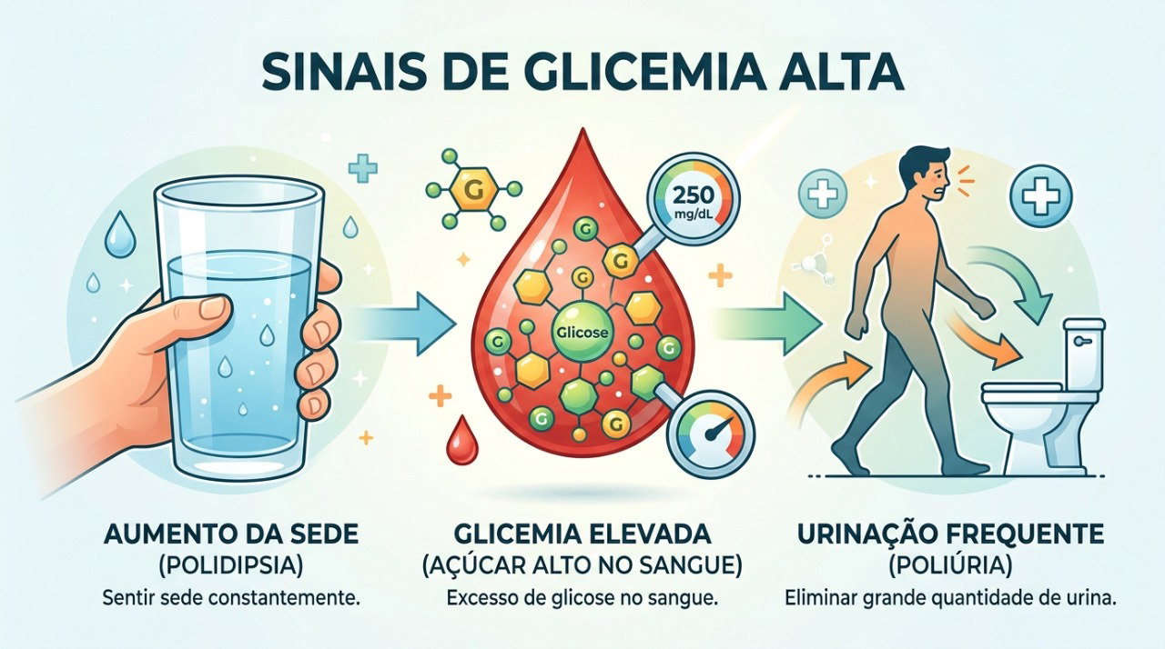 Sede excessiva e aumento da urina podem aparecer juntos quando a glicose no sangue está elevada.