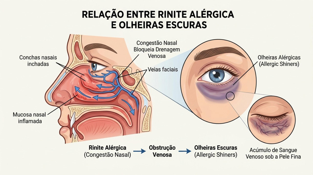 Congestão nasal e inflamação alérgica podem contribuir para olheiras mais escuras e persistentes.