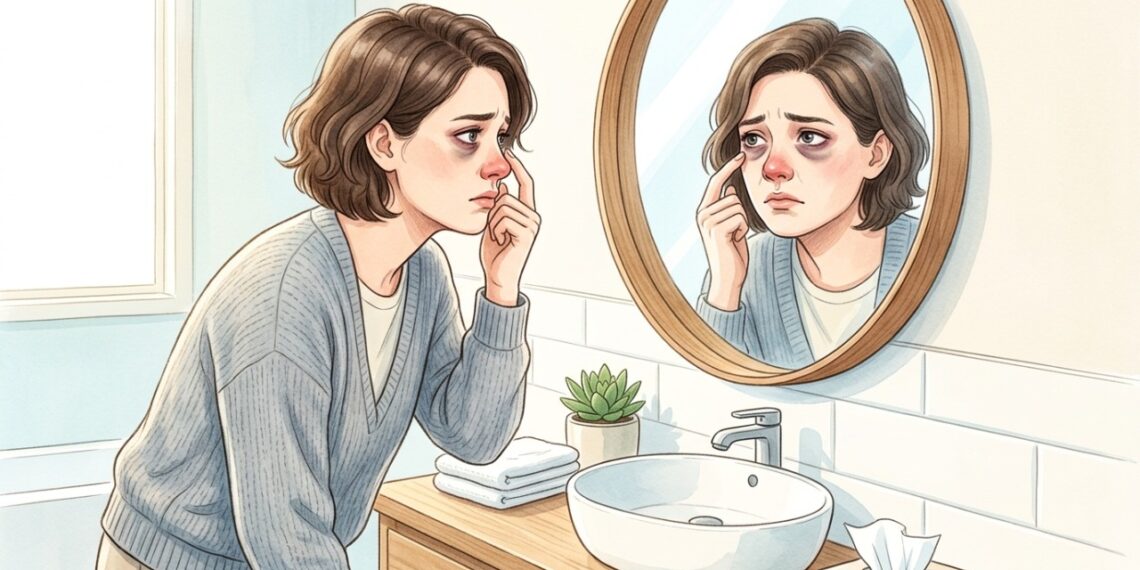 Olheiras persistentes podem estar relacionadas à rinite alérgica, especialmente quando há congestão e coceira nos olhos.