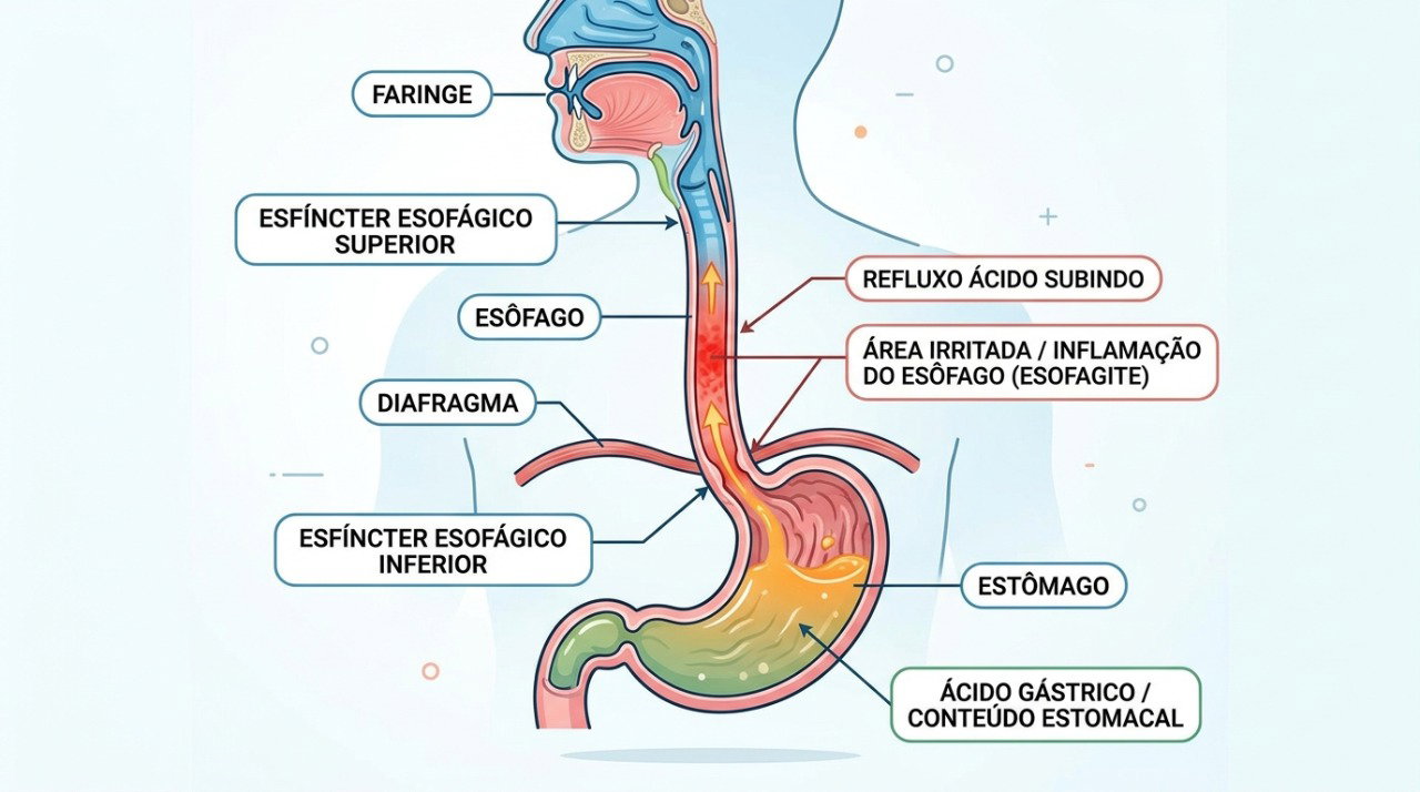O refluxo pode irritar regiões mais altas e contribuir para sensação de nó ou bola na garganta.