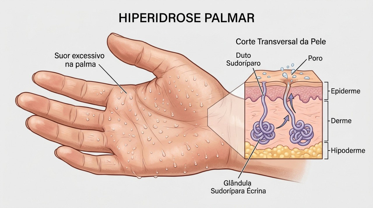 Na hiperidrose palmar, o suor nas mãos pode ocorrer mesmo em repouso ou sem calor.