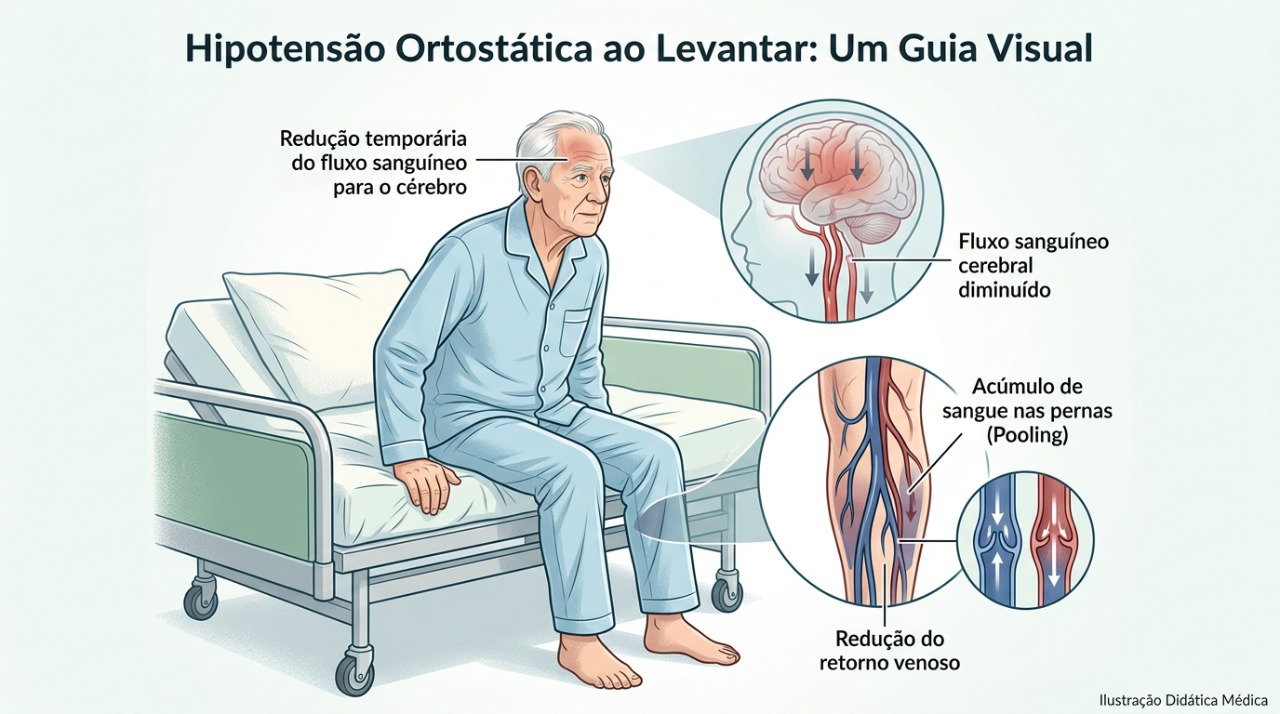 Ao ficar em pé, a mudança da circulação pode reduzir temporariamente o fluxo de sangue para o cérebro.
