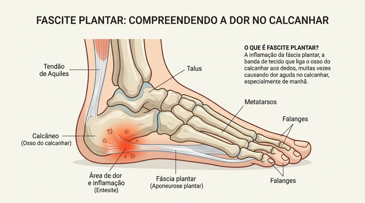 A fáscia plantar percorre a sola do pé e pode causar dor próxima ao calcanhar quando sobrecarregada.