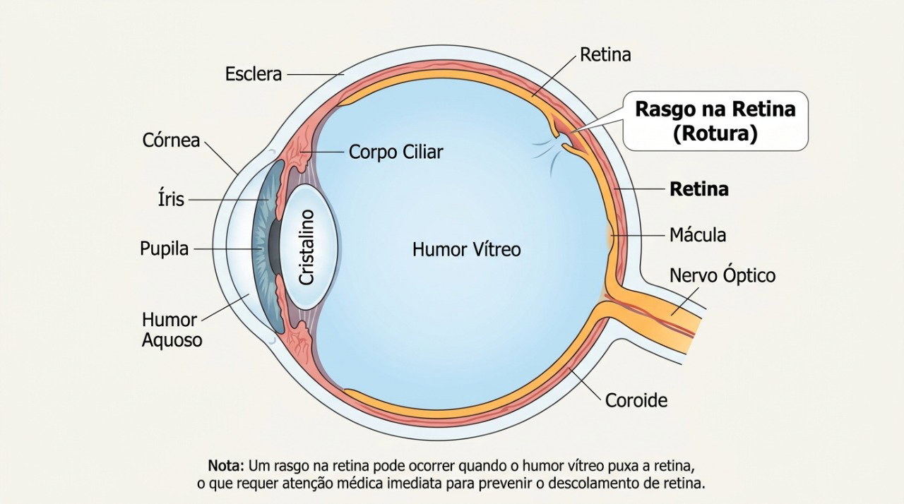 Rasgaduras na retina podem provocar flashes, moscas volantes e alterações súbitas no campo visual.