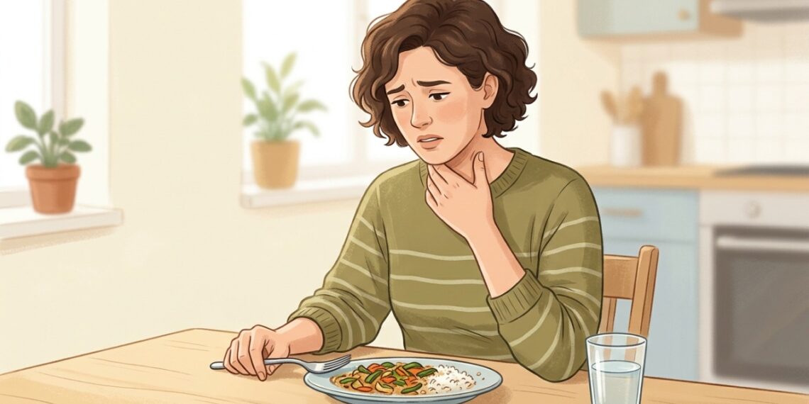 Sensação de comida presa na garganta ao engolir pode ser sinal de disfagia.