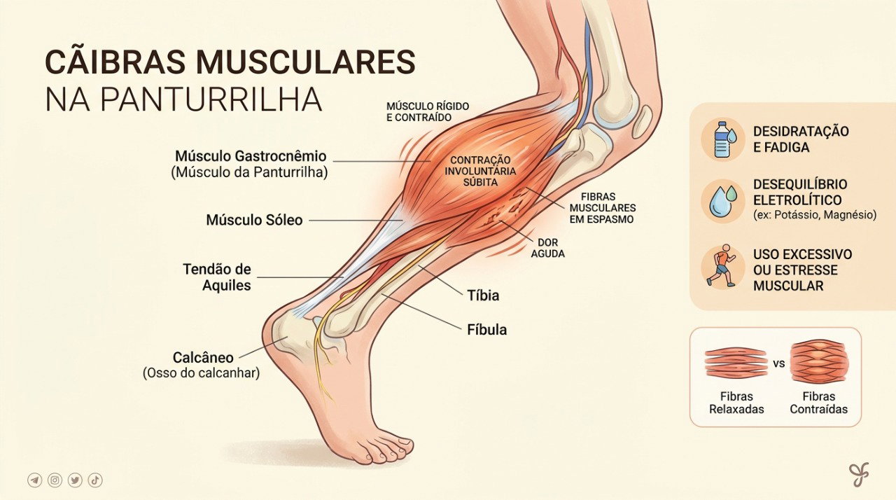 Durante a cãibra, o músculo da panturrilha se contrai de forma involuntária e dolorosa.
