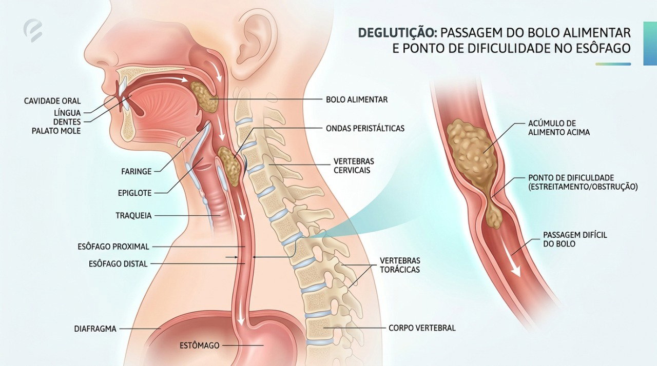 A disfagia pode ocorrer em diferentes etapas da passagem do alimento pela garganta e pelo esôfago.