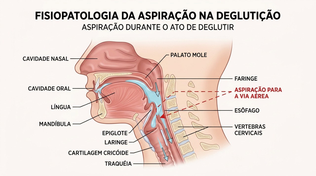 Durante a deglutição, líquidos podem alcançar a via respiratória quando há falha na coordenação.