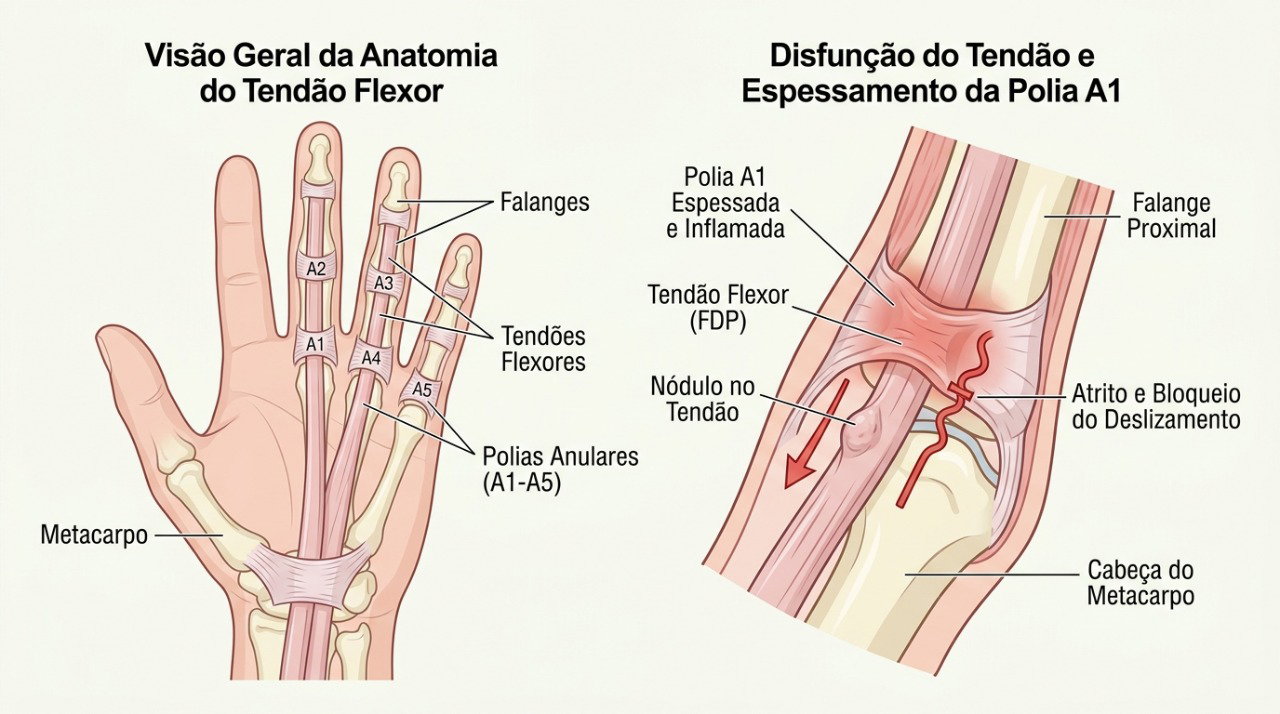 No dedo em gatilho, o tendão pode encontrar resistência ao passar pela região da polia A1.