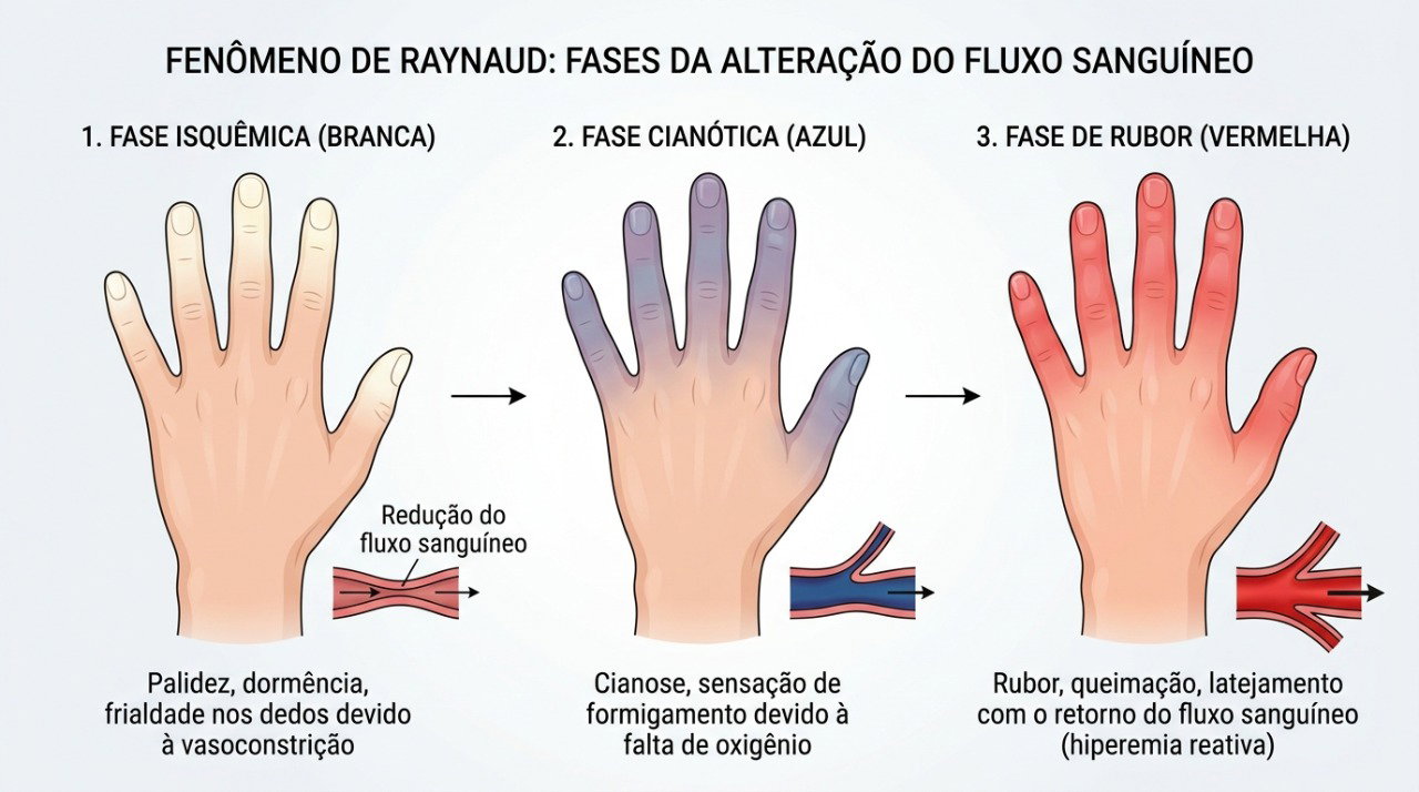 No fenômeno de Raynaud, os dedos podem mudar de cor conforme o fluxo sanguíneo diminui e depois retorna.