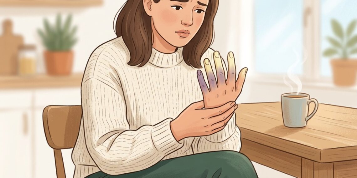 Dedos que ficam brancos ou arroxeados no frio podem apresentar um padrão compatível com fenômeno de Raynaud.