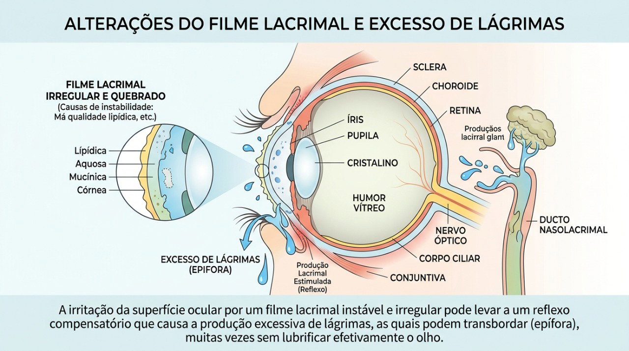 A instabilidade do filme lacrimal pode causar irritação e estimular lacrimejamento reflexo.