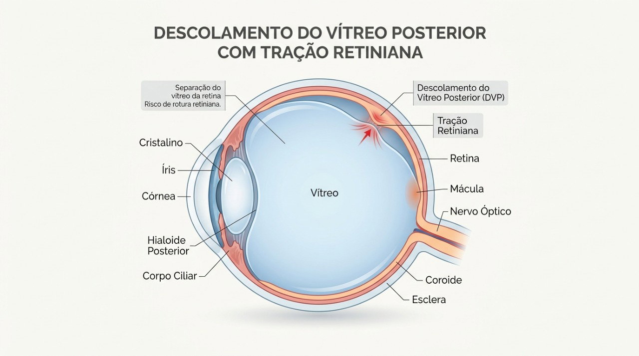 Alterações do vítreo podem provocar moscas volantes e flashes e, em alguns casos, tracionar a retina.