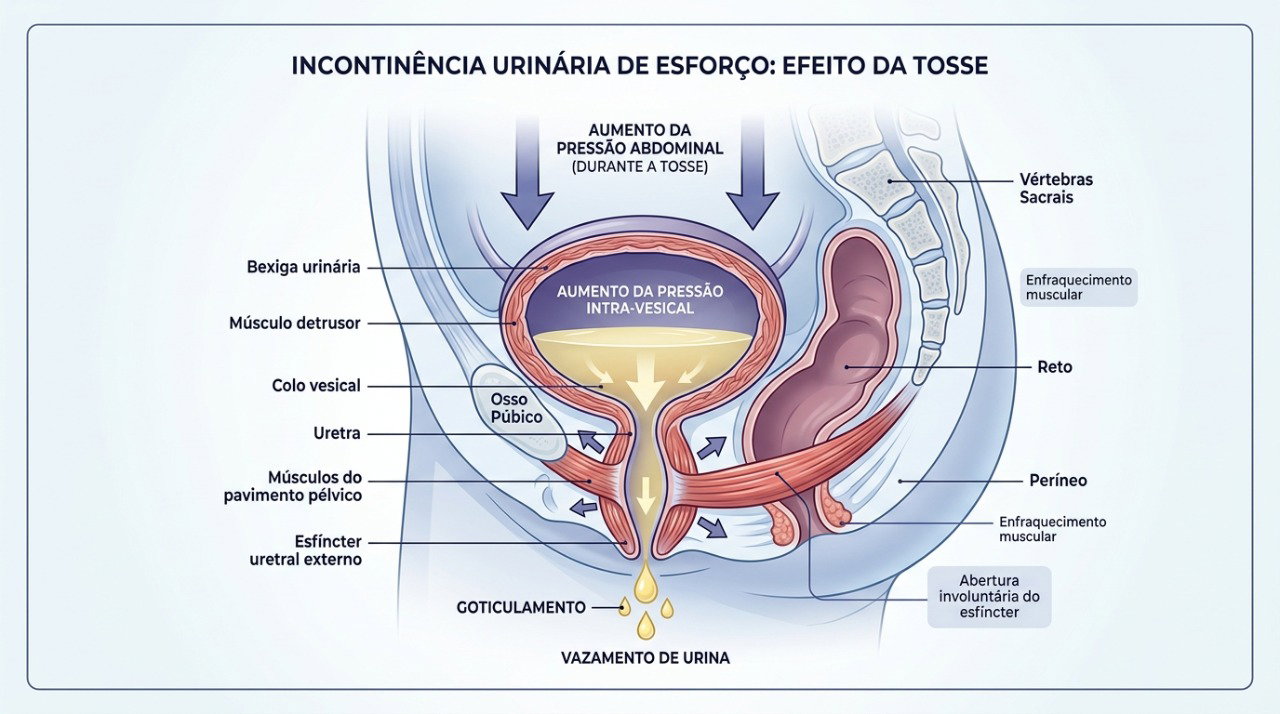 Na incontinência de esforço, o aumento súbito da pressão abdominal pode provocar escape de urina.