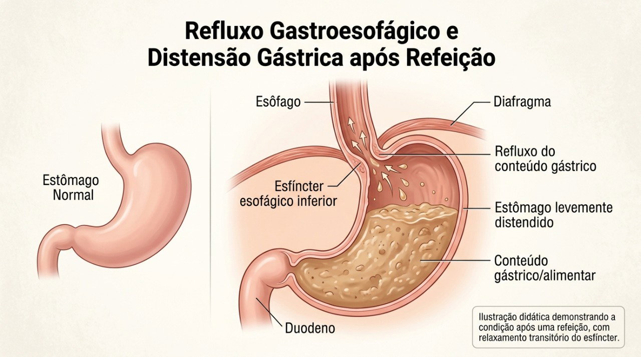 A indigestão pode causar sensação de estômago cheio, inchaço, arrotos e refluxo após as refeições.