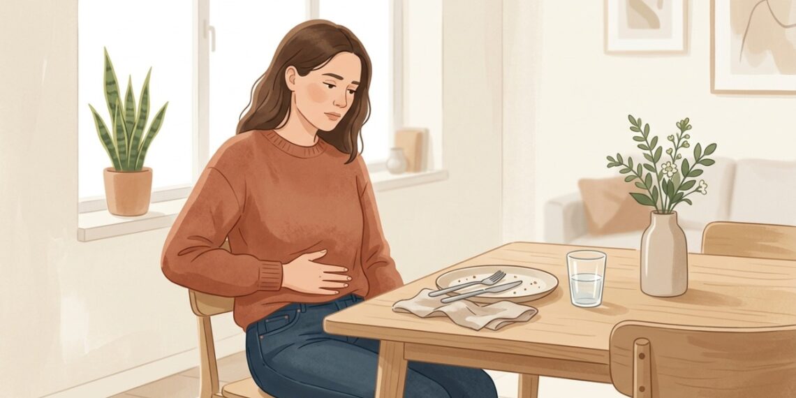 Barriga estufada e arrotos depois de comer podem estar relacionados à indigestão.