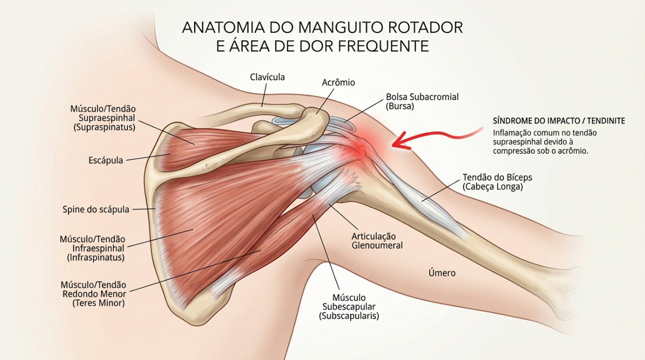 Alterações no manguito rotador podem causar dor ao elevar o braço e também durante a noite.