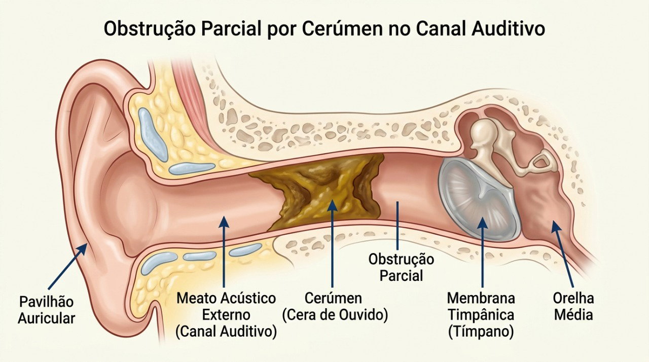 O excesso de cerume pode bloquear o canal auditivo e dificultar a passagem do som.