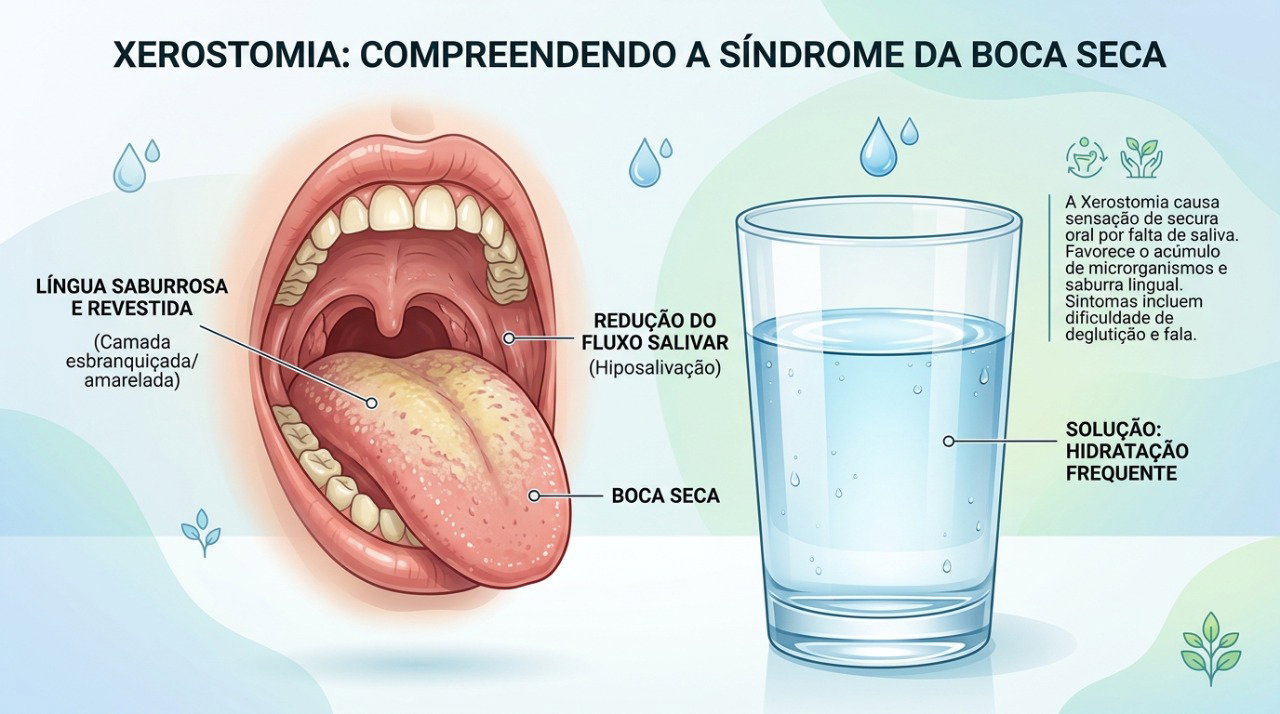 A redução da saliva pode favorecer saburra, bactérias e mau odor na boca.